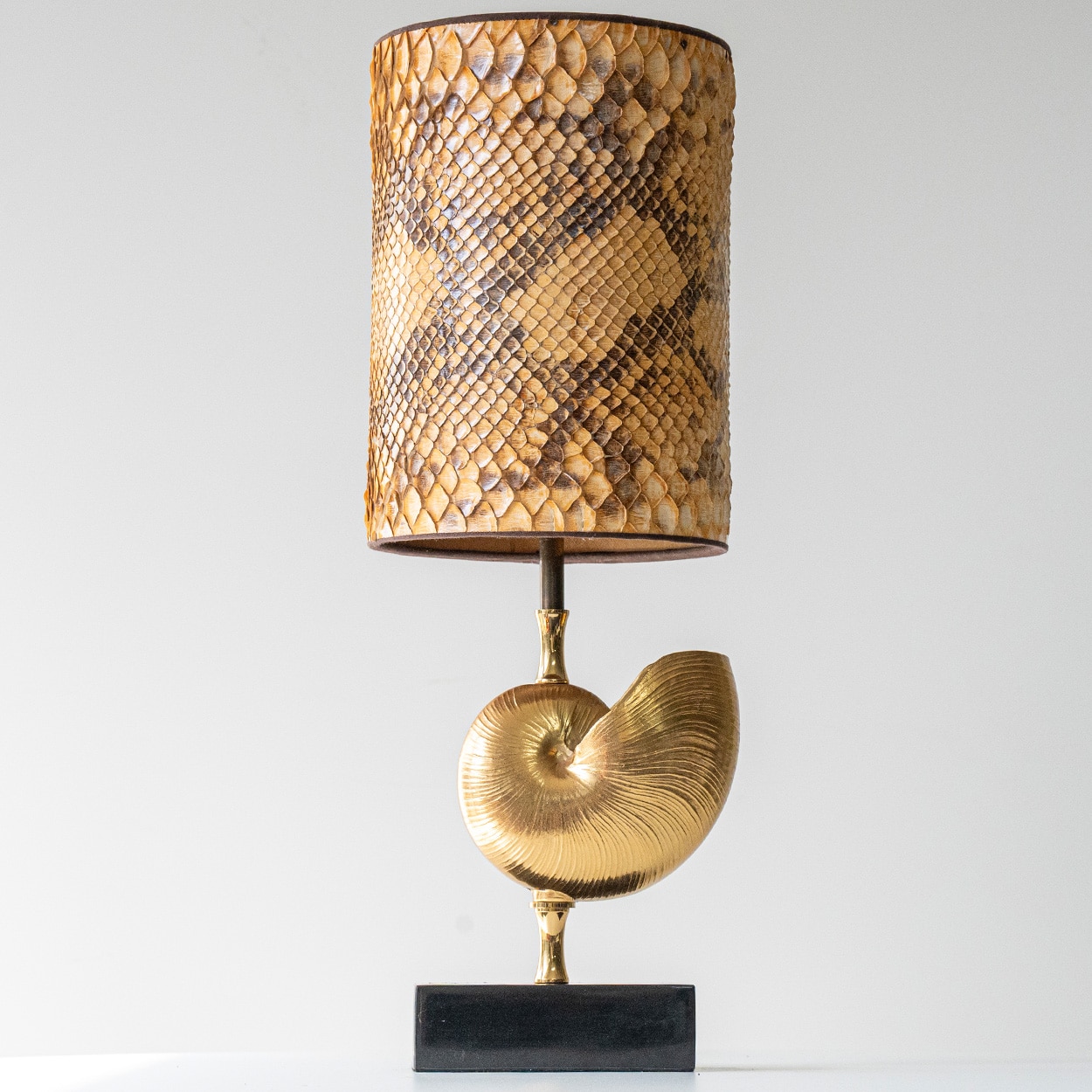 Nautilus Brass Table Lamp, Custom Made Snake Skin Pattern Lampshade by R. Houben