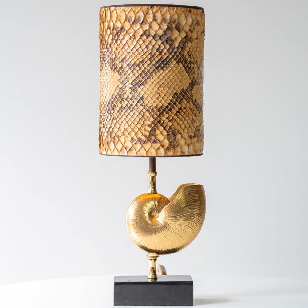 Nautilus Brass Table Lamp, Custom Made Snake Skin Pattern Lampshade by R. Houben