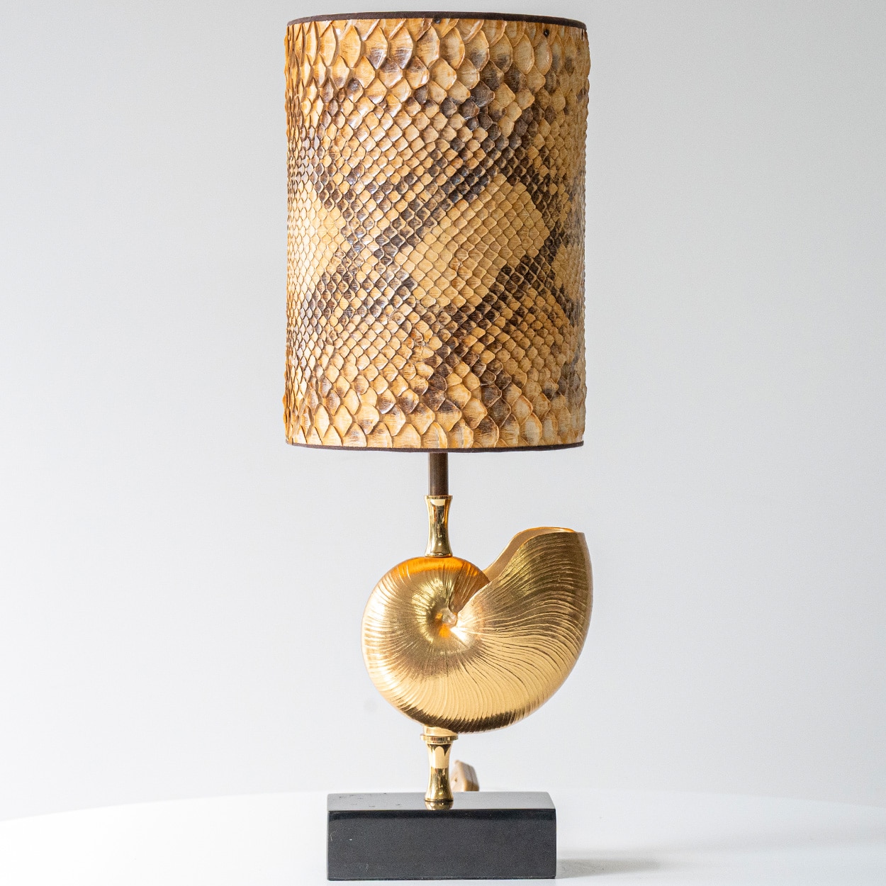 Nautilus Brass Table Lamp, Custom Made Snake Skin Pattern Lampshade by R. Houben