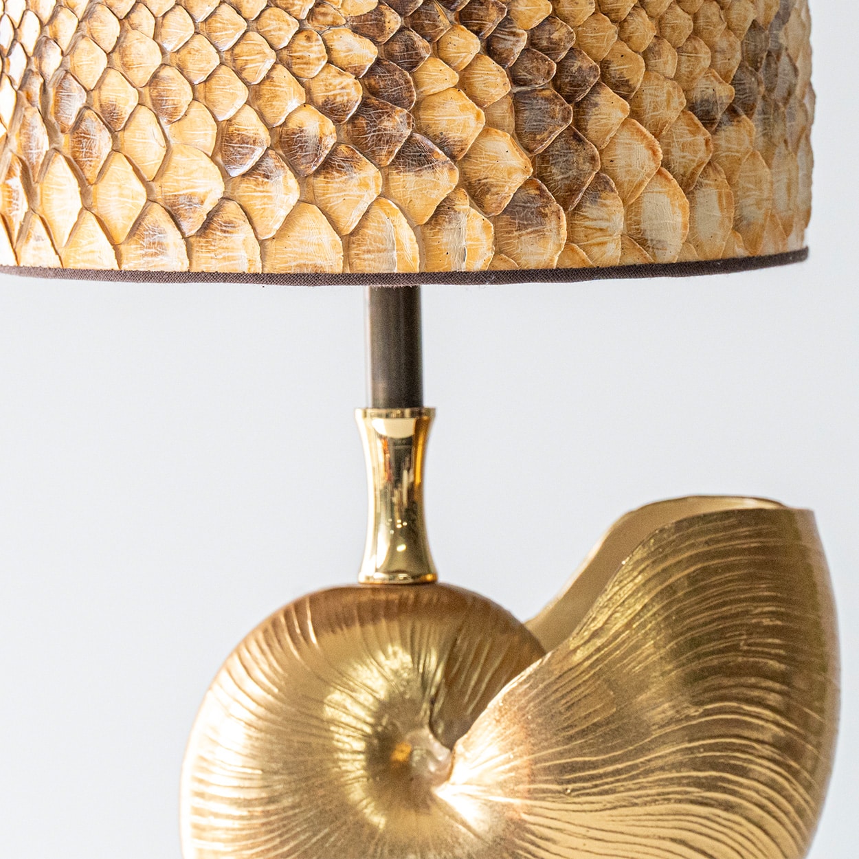 Nautilus Brass Table Lamp, Custom Made Snake Skin Pattern Lampshade by R. Houben