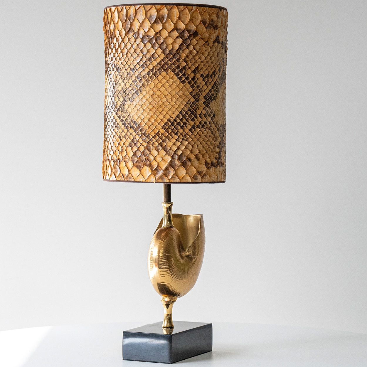 Nautilus Brass Table Lamp, Custom Made Snake Skin Pattern Lampshade by R. Houben