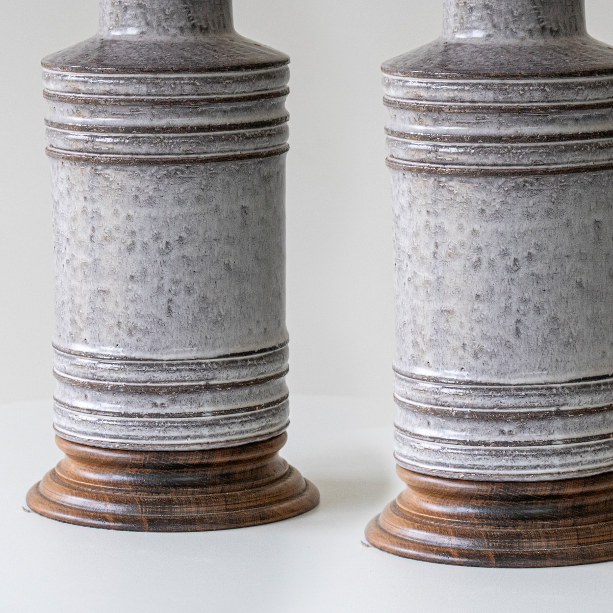 1 of the 2 Gray Ceramic Lamps, Custom Neutral Lampshades by R. Houben