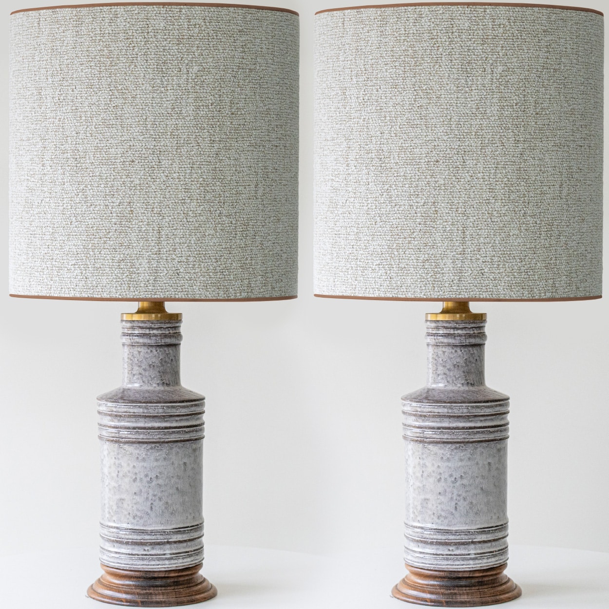1 of the 2 Ribbed Ceramic Lamps by Bitossi, Custom Silk Lampshades by R. Houben