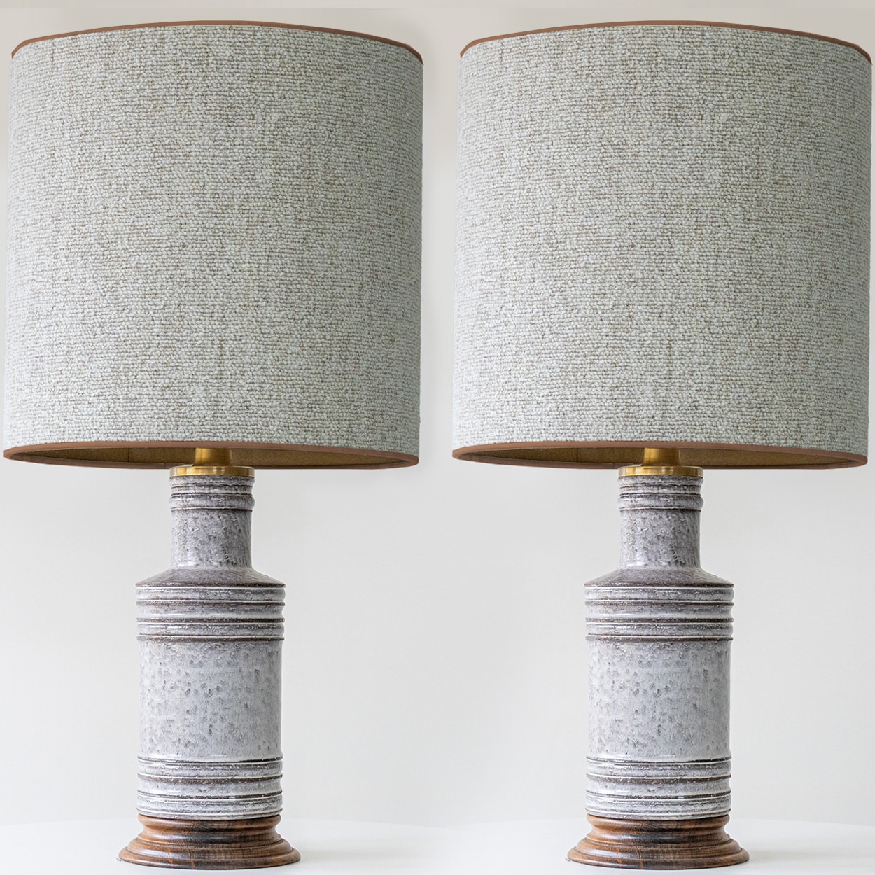 1 of the 2 Ribbed Ceramic Lamps by Bitossi, Custom Silk Lampshades by R. Houben