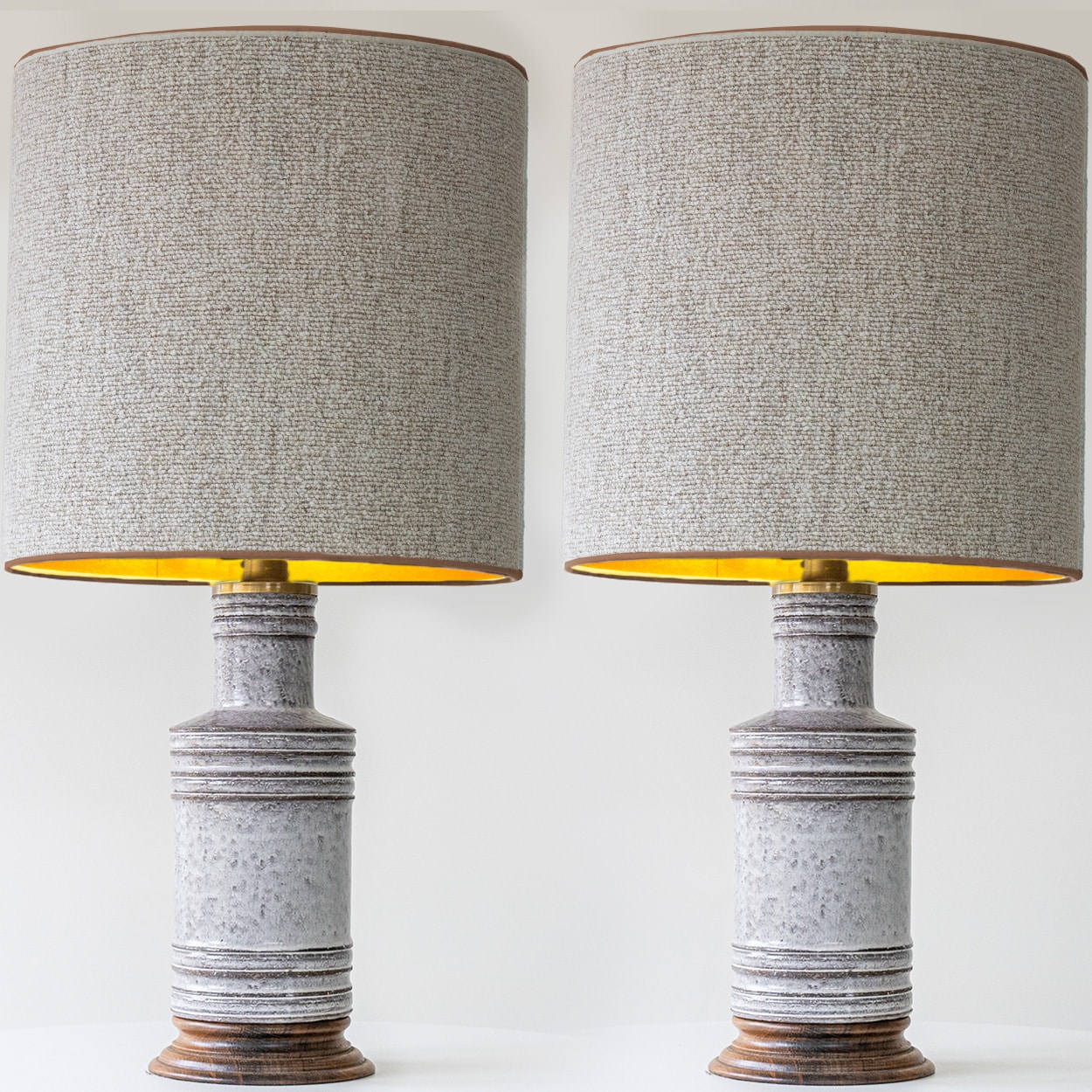 1 of the 2 Ribbed Ceramic Lamps by Bitossi, Custom Silk Lampshades by R. Houben