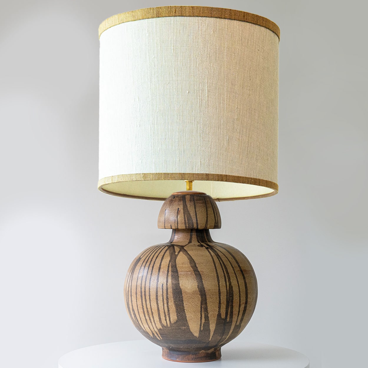 Brown Striped Ceramic Table Lamp, Custom Made Silk Lampshade by R. Houben