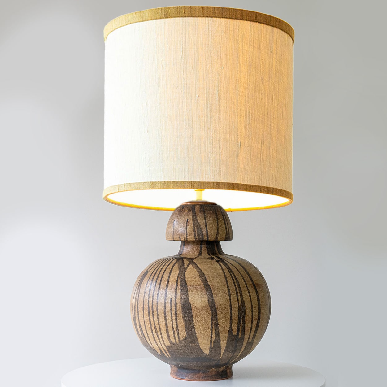 Brown Striped Ceramic Table Lamp, Custom Made Silk Lampshade by R. Houben