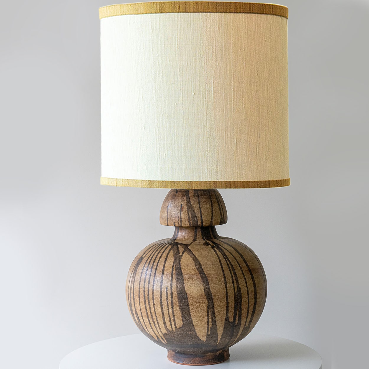 Brown Striped Ceramic Table Lamp, Custom Made Silk Lampshade by R. Houben