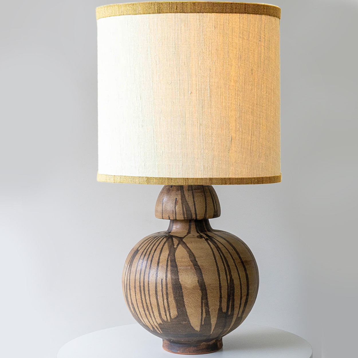 Brown Striped Ceramic Table Lamp, Custom Made Silk Lampshade by R. Houben