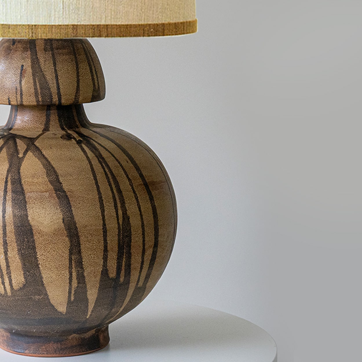 Brown Striped Ceramic Table Lamp, Custom Made Silk Lampshade by R. Houben