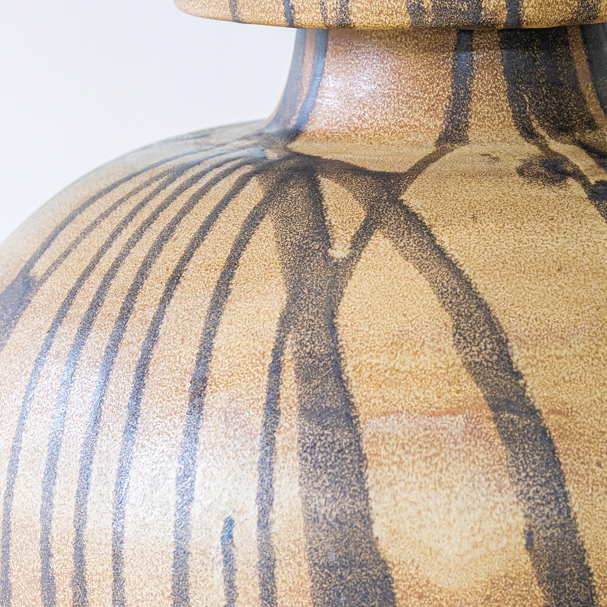 Brown Striped Ceramic Table Lamp, Custom Made Silk Lampshade by R. Houben