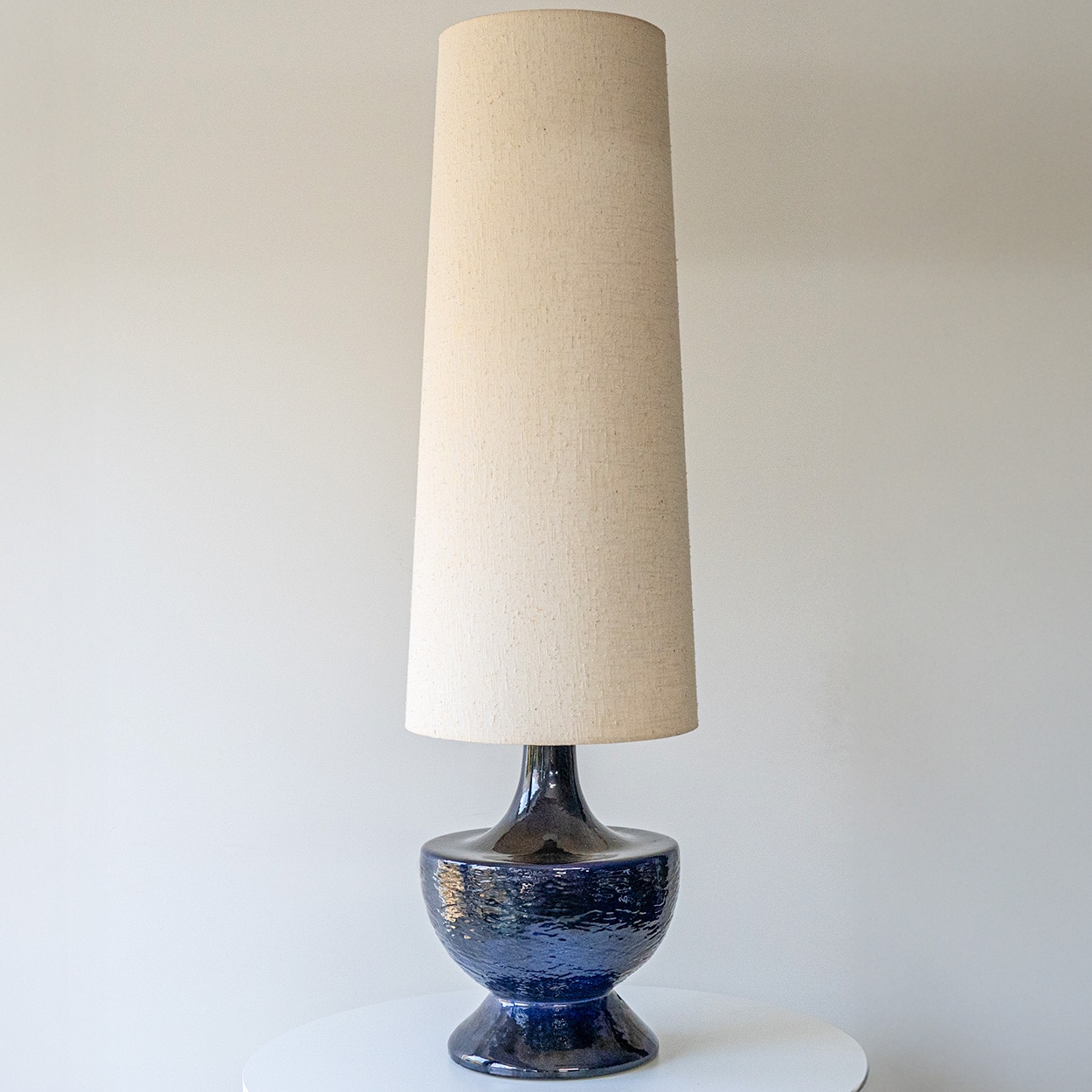Blue Glazed Bulbous Ceramic Lamp, Custom Beige Tapered Lampshade by R. Houben