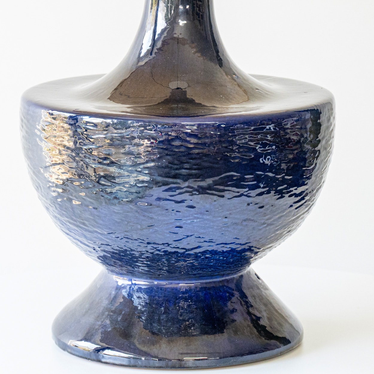 Blue Glazed Bulbous Ceramic Lamp, Custom Beige Tapered Lampshade by R. Houben