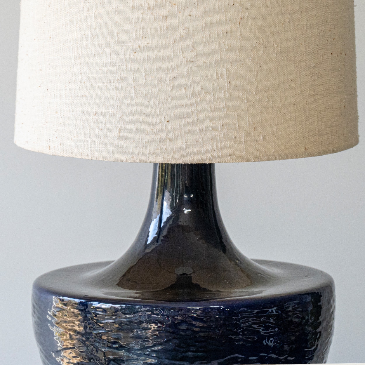 Blue Glazed Bulbous Ceramic Lamp, Custom Beige Tapered Lampshade by R. Houben