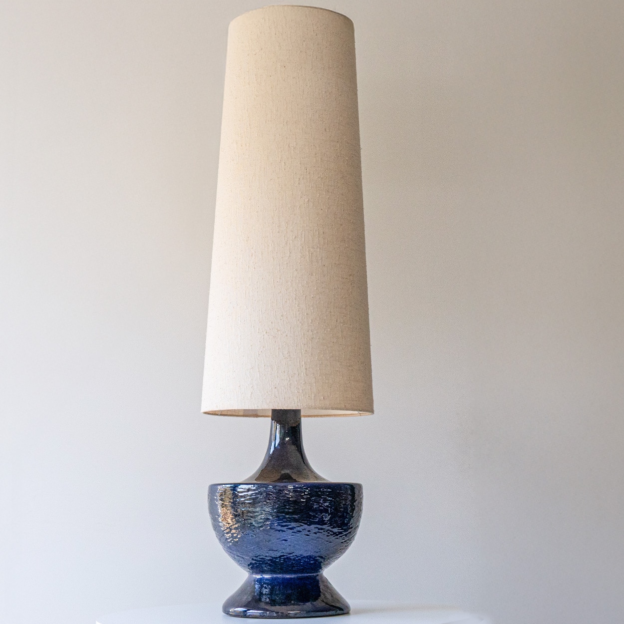 Blue Glazed Bulbous Ceramic Lamp, Custom Beige Tapered Lampshade by R. Houben