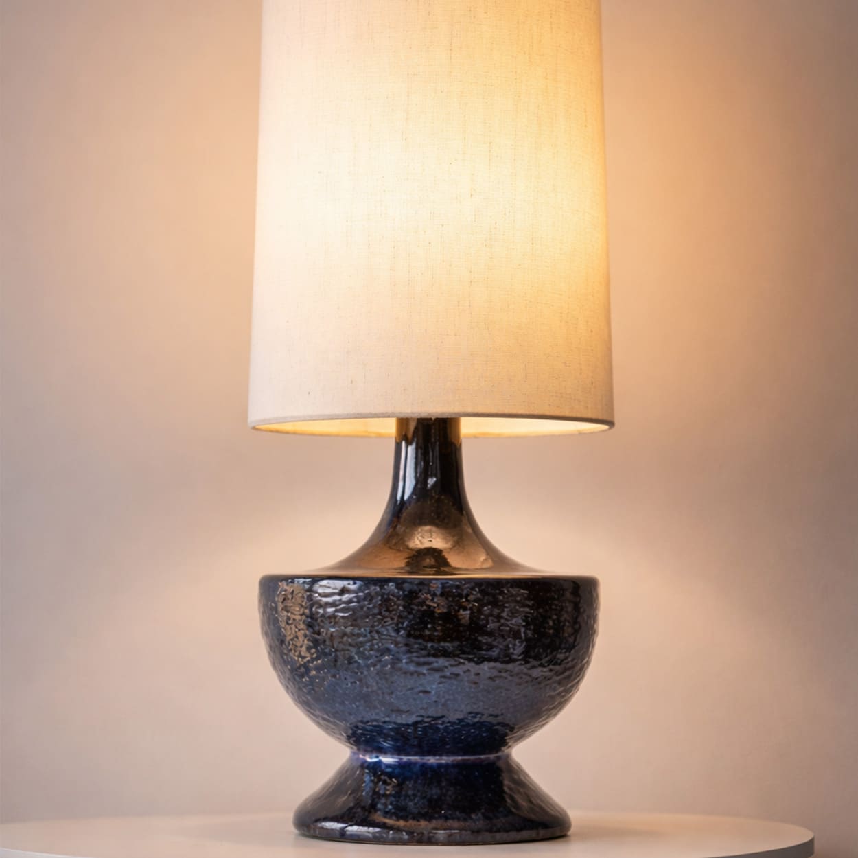 Blue Glazed Bulbous Ceramic Lamp, Custom Beige Tapered Lampshade by R. Houben