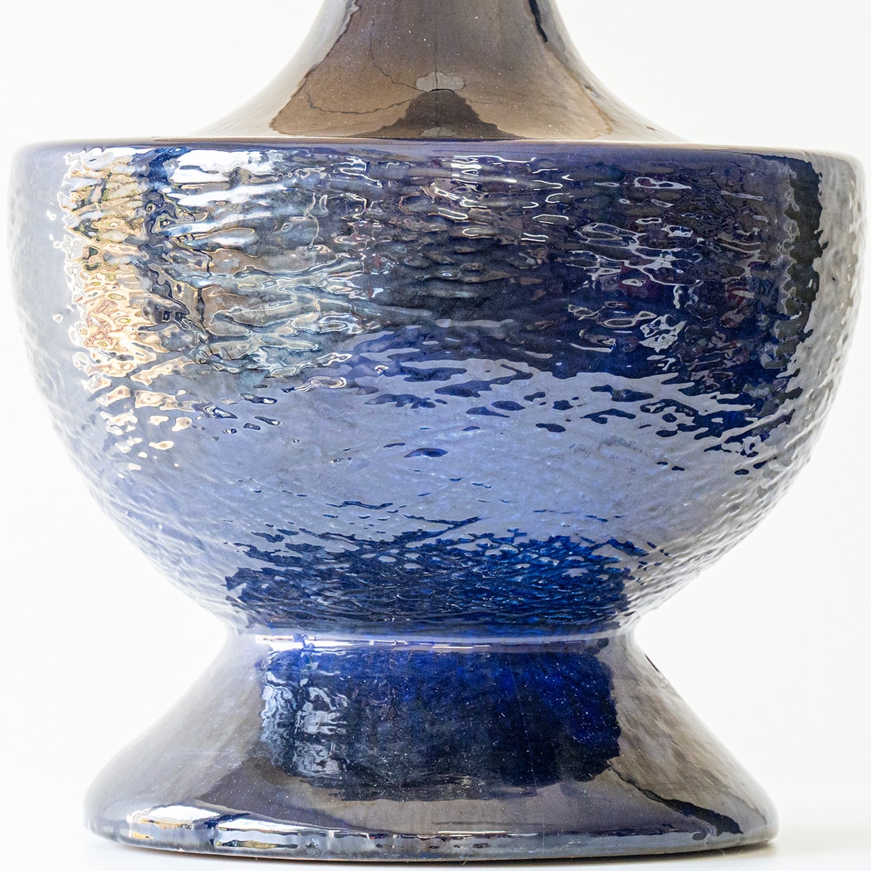 Blue Glazed Bulbous Ceramic Lamp, Custom Beige Tapered Lampshade by R. Houben