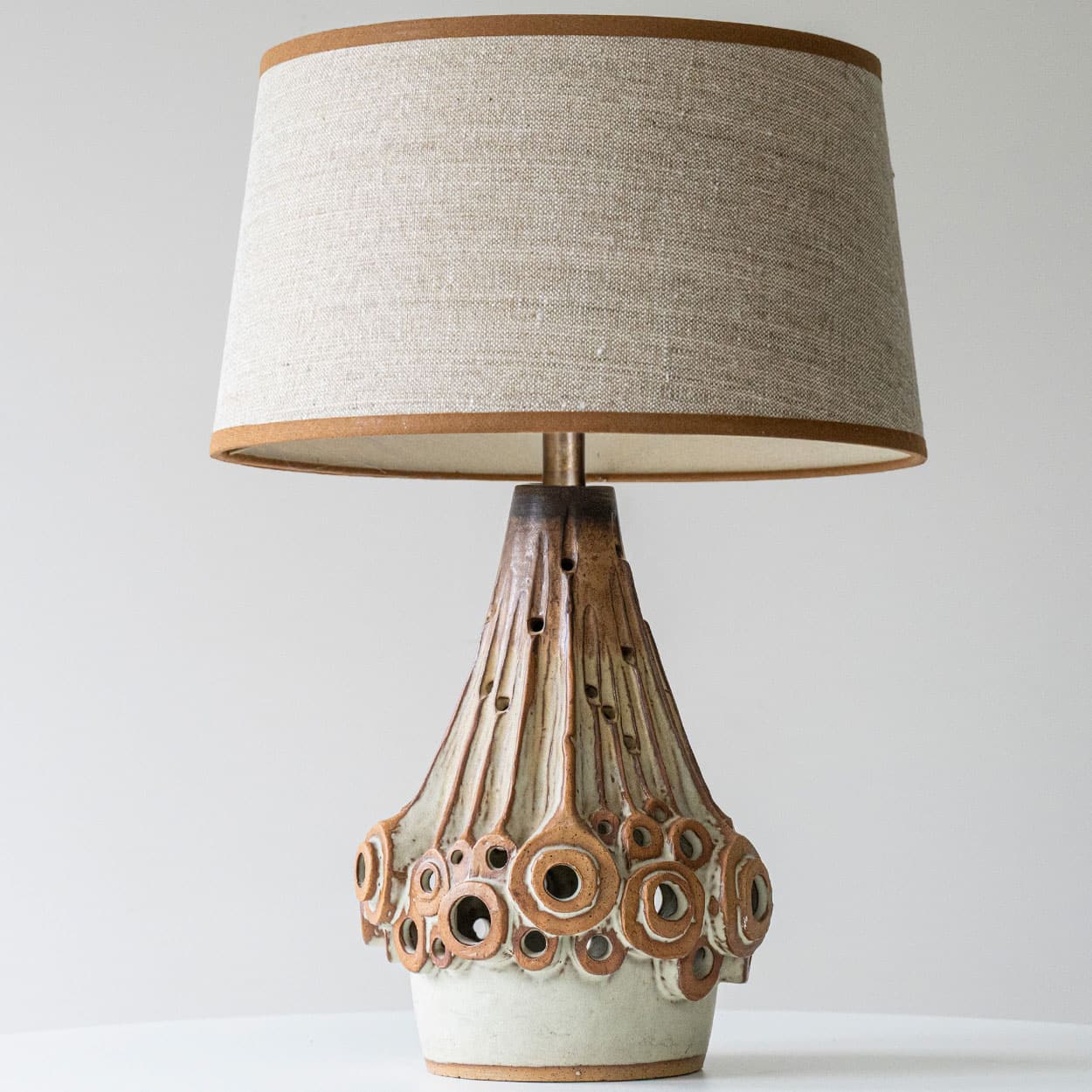 Halifax Brown Ceramic Table Lamp, Custom Made Silk Lampshade by R. Houben