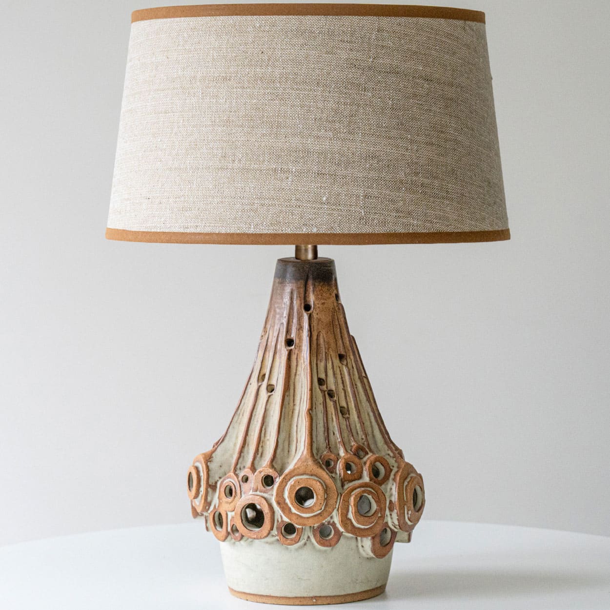 Halifax Brown Ceramic Table Lamp, Custom Made Silk Lampshade by R. Houben
