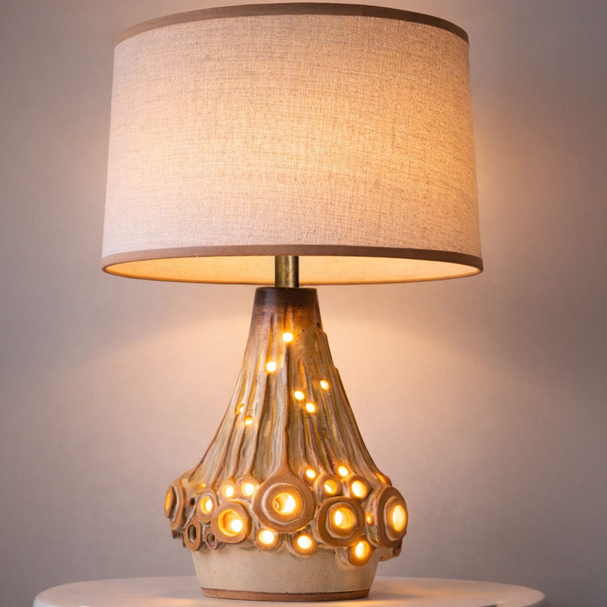 Halifax Brown Ceramic Table Lamp, Custom Made Silk Lampshade by R. Houben