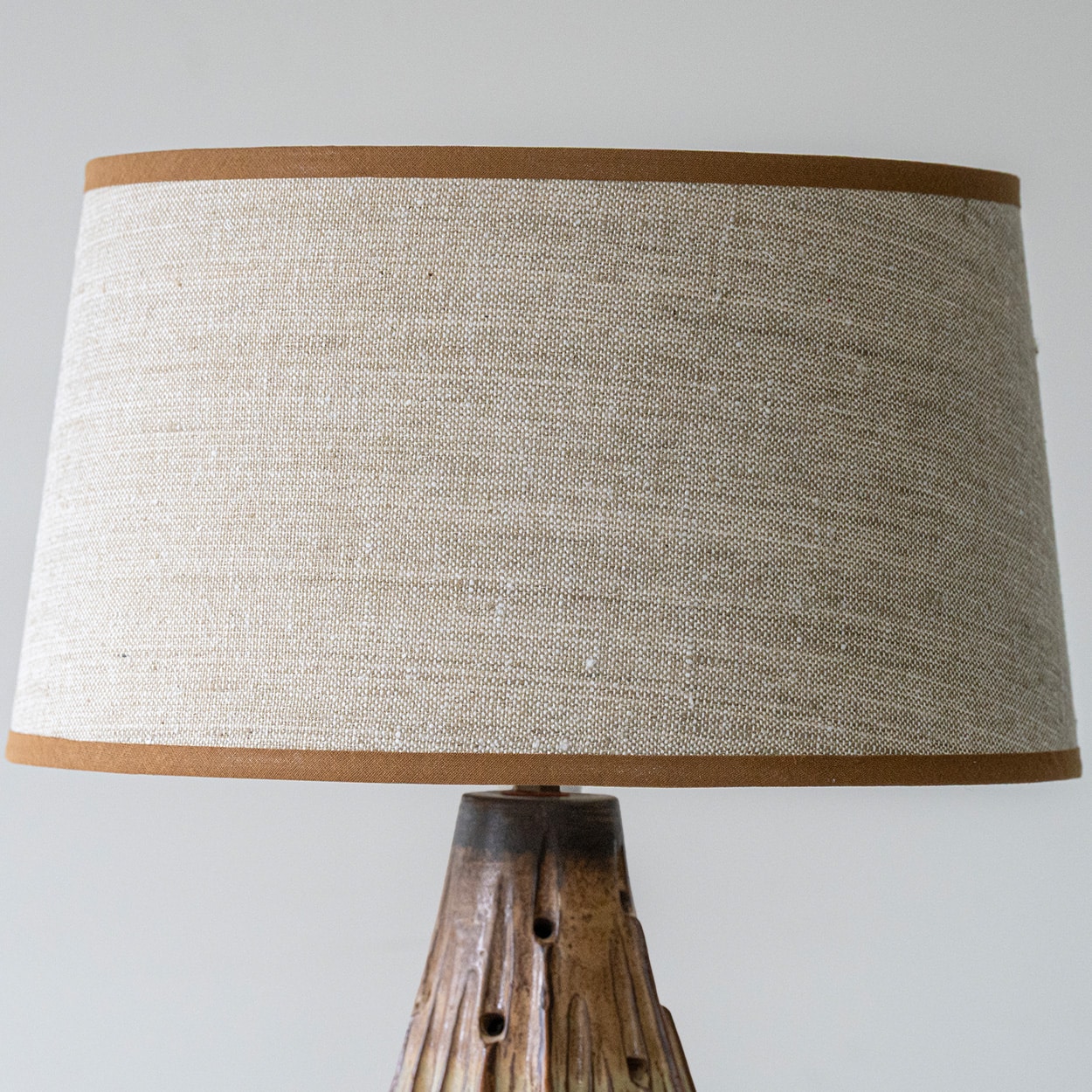 Halifax Brown Ceramic Table Lamp, Custom Made Silk Lampshade by R. Houben