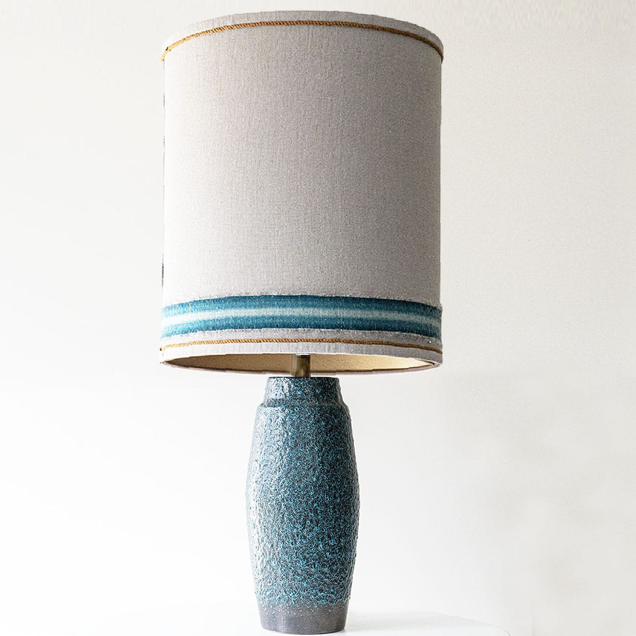 Turquoise Lava Glazed Ceramic Table Lamp, Custom Silk Lampshade by R. Houben