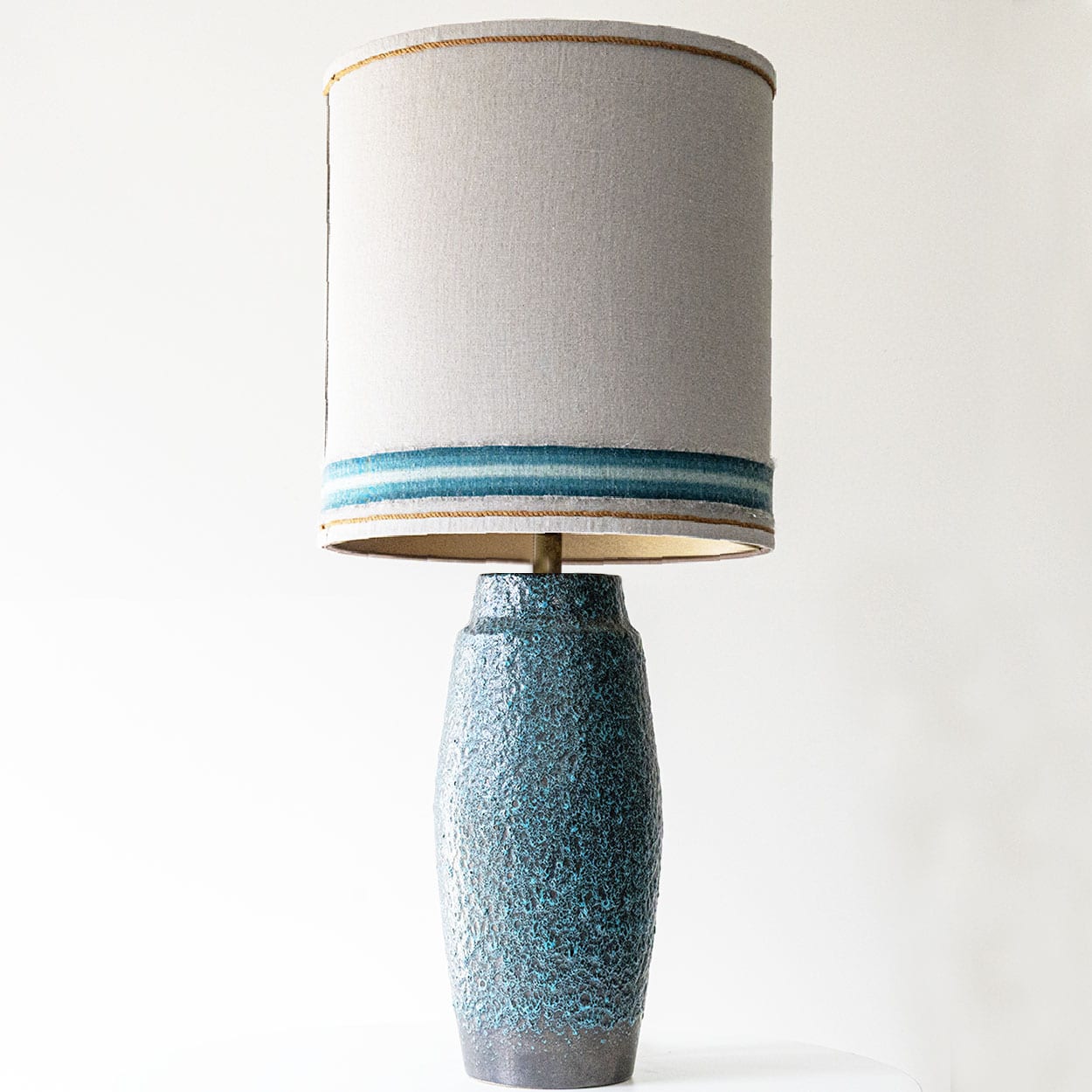 Turquoise Lava Glazed Ceramic Table Lamp, Custom Silk Lampshade by R. Houben