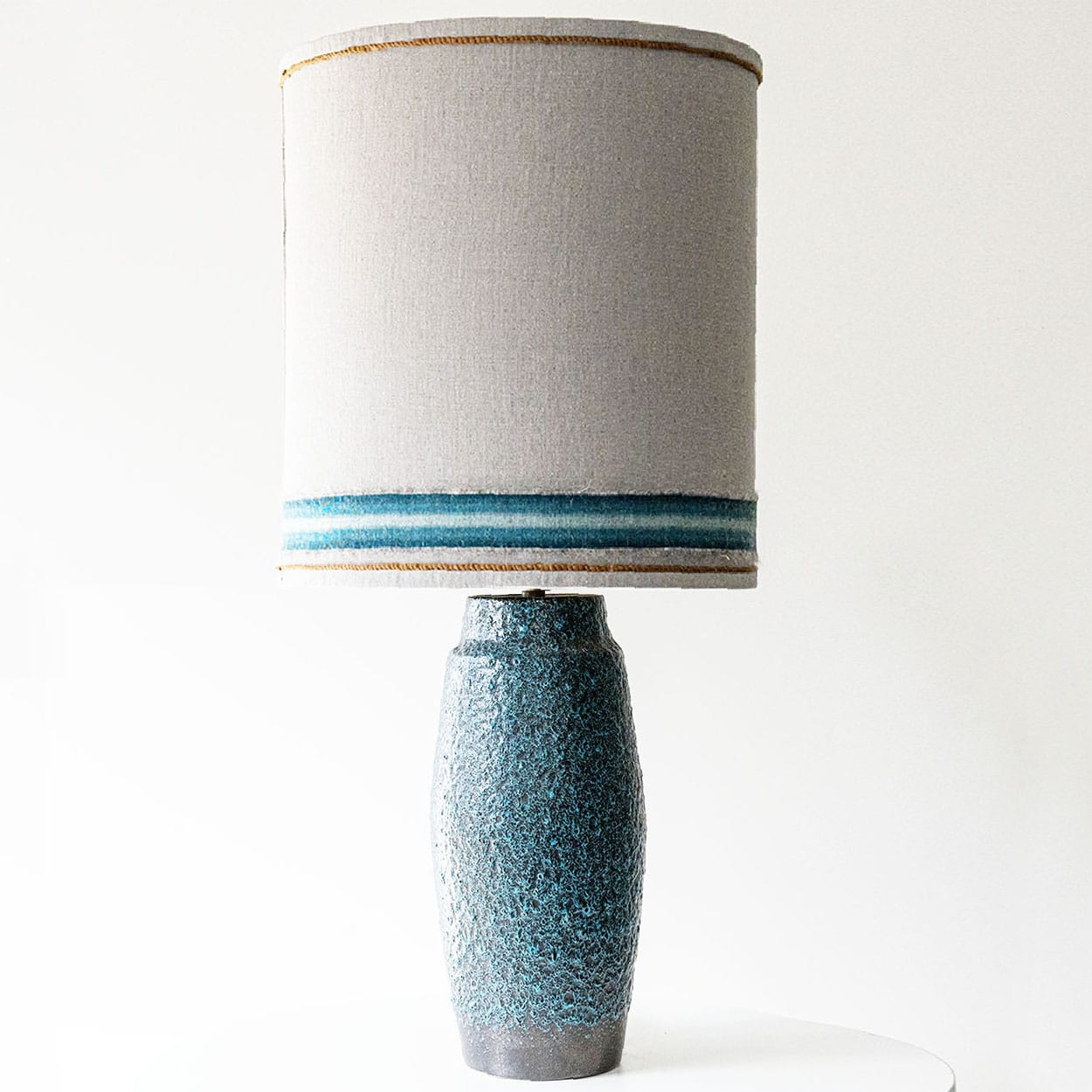 Turquoise Lava Glazed Ceramic Table Lamp, Custom Silk Lampshade by R. Houben