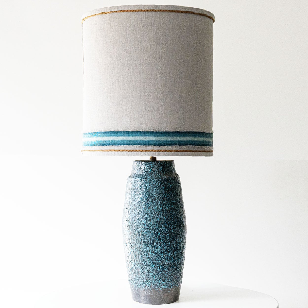 Turquoise Lava Glazed Ceramic Table Lamp, Custom Silk Lampshade by R. Houben