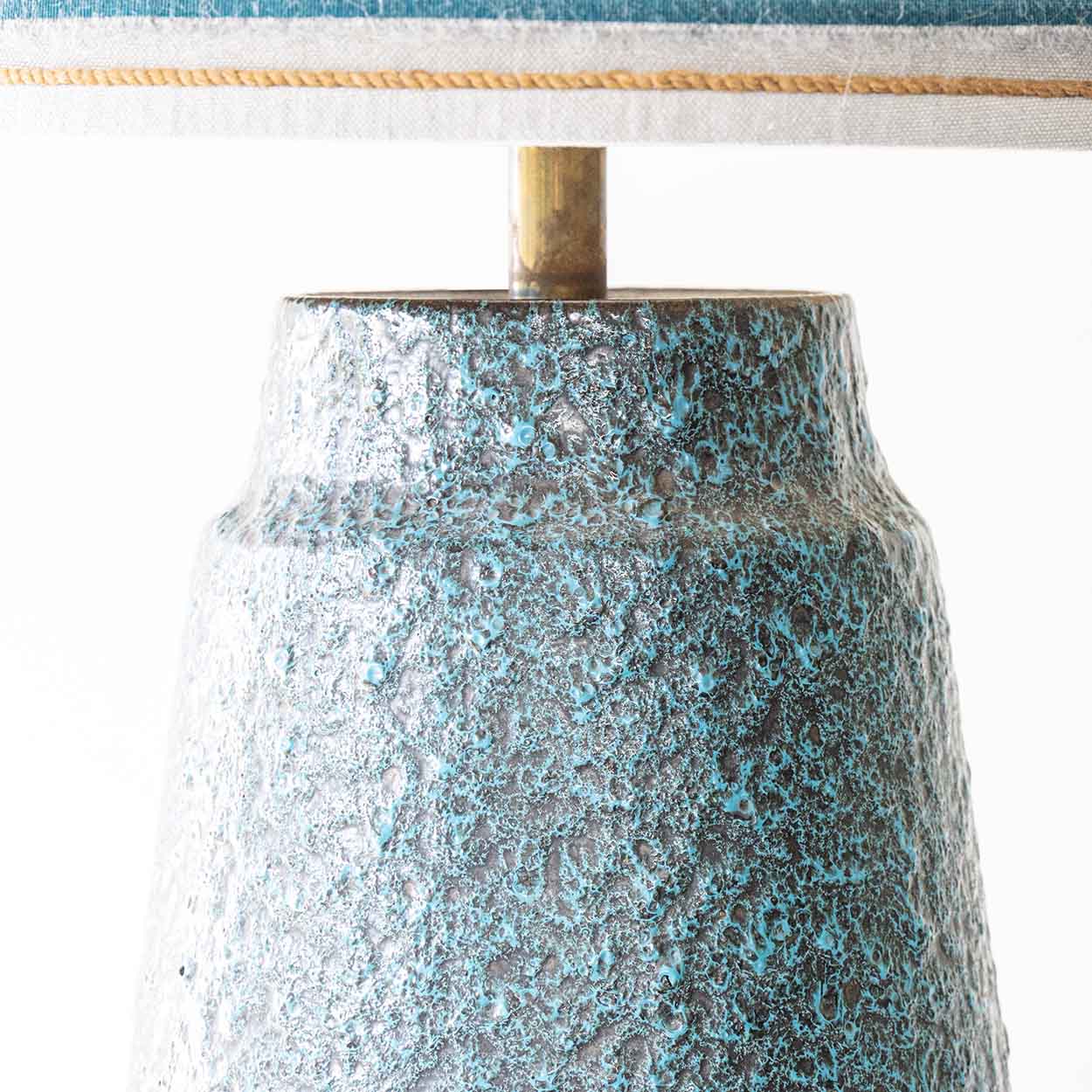 Turquoise Lava Glazed Ceramic Table Lamp, Custom Silk Lampshade by R. Houben