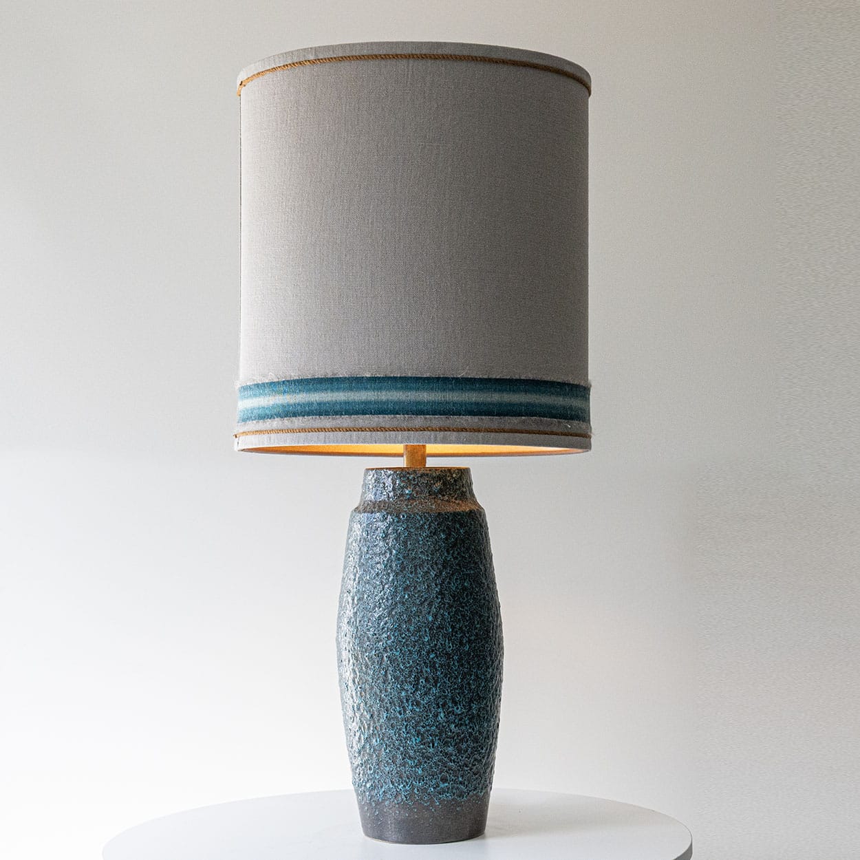 Turquoise Lava Glazed Ceramic Table Lamp, Custom Silk Lampshade by R. Houben