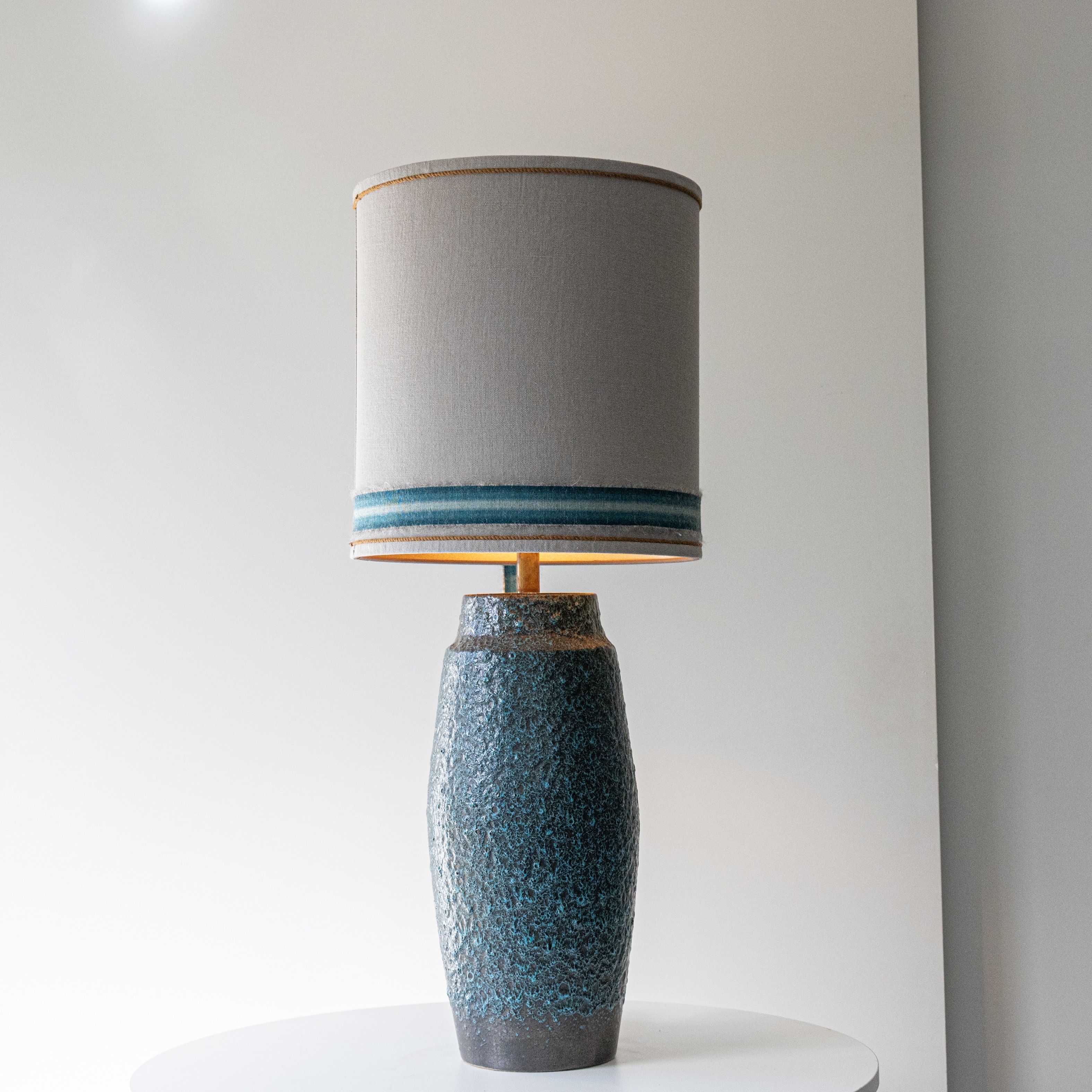 Turquoise Lava Glazed Ceramic Table Lamp, Custom Silk Lampshade by R. Houben