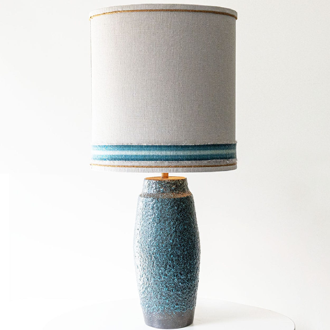 Turquoise Lava Glazed Ceramic Table Lamp, Custom Silk Lampshade by R. Houben