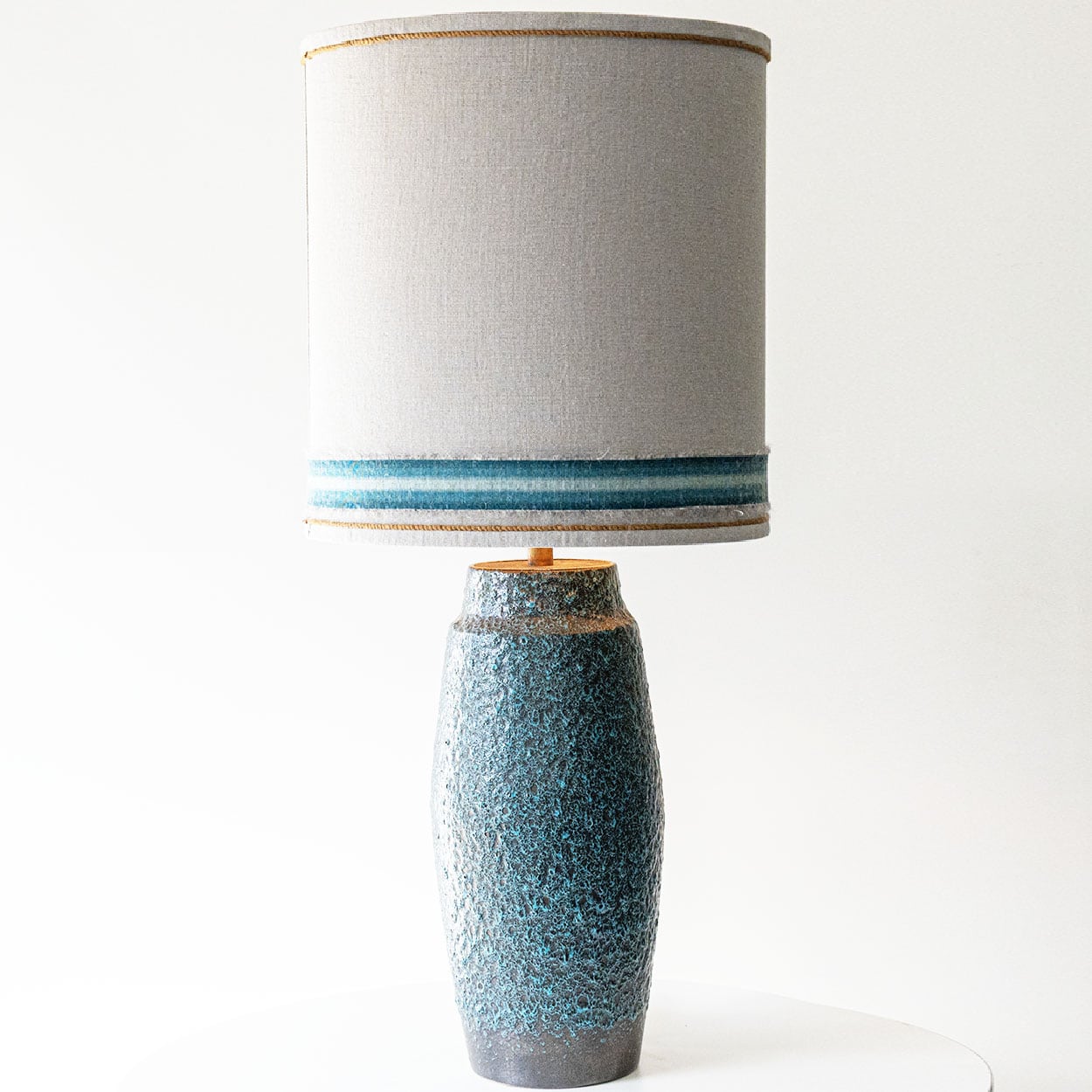 Turquoise Lava Glazed Ceramic Table Lamp, Custom Silk Lampshade by R. Houben