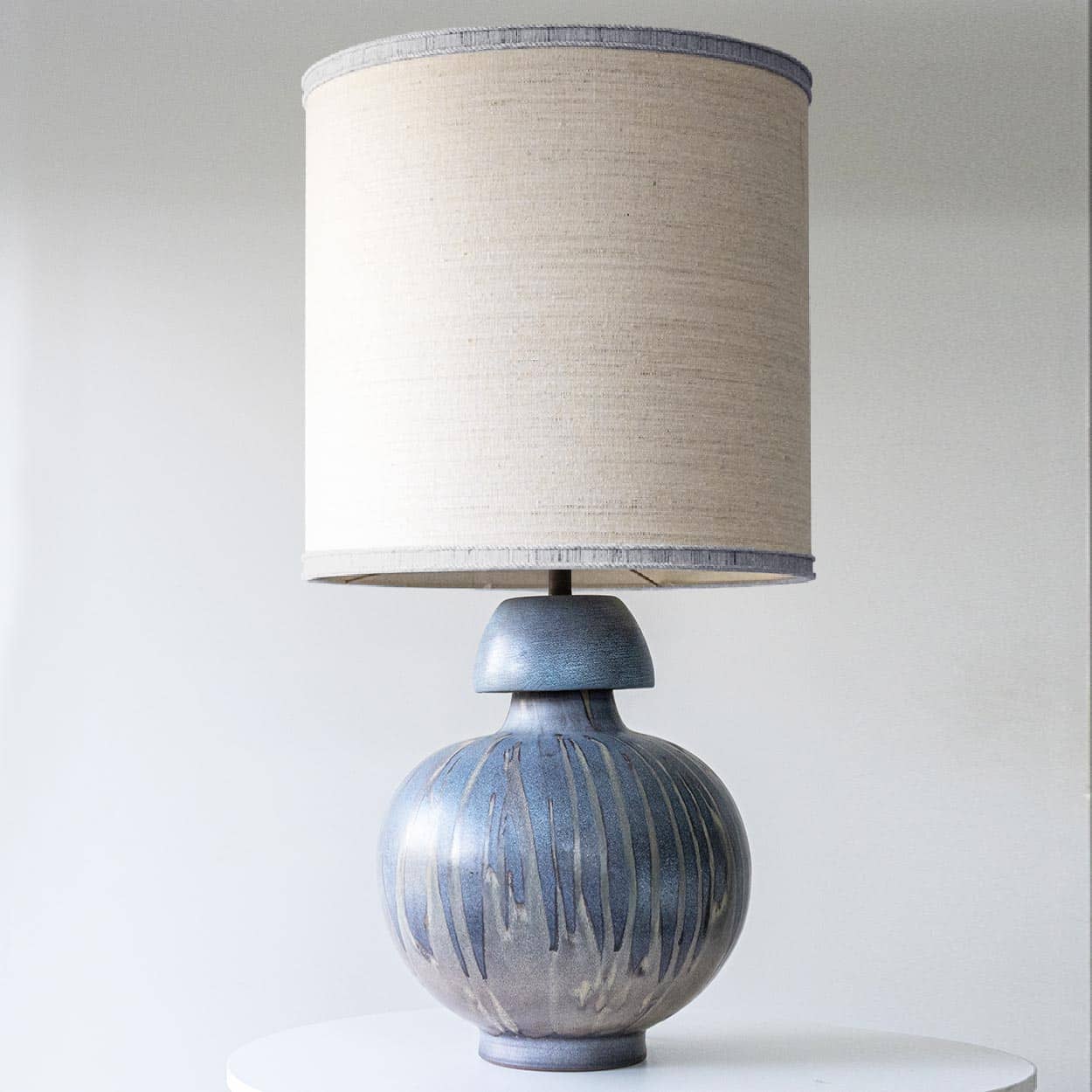 Blue Gray Striped Ceramic Table Lamp, Custom Made Silk Lampshade by R. Houben