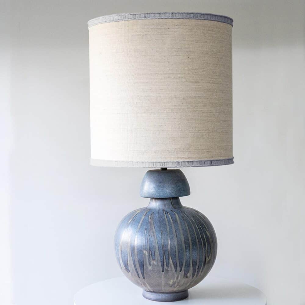 Blue Gray Striped Ceramic Table Lamp, Custom Made Silk Lampshade by R. Houben