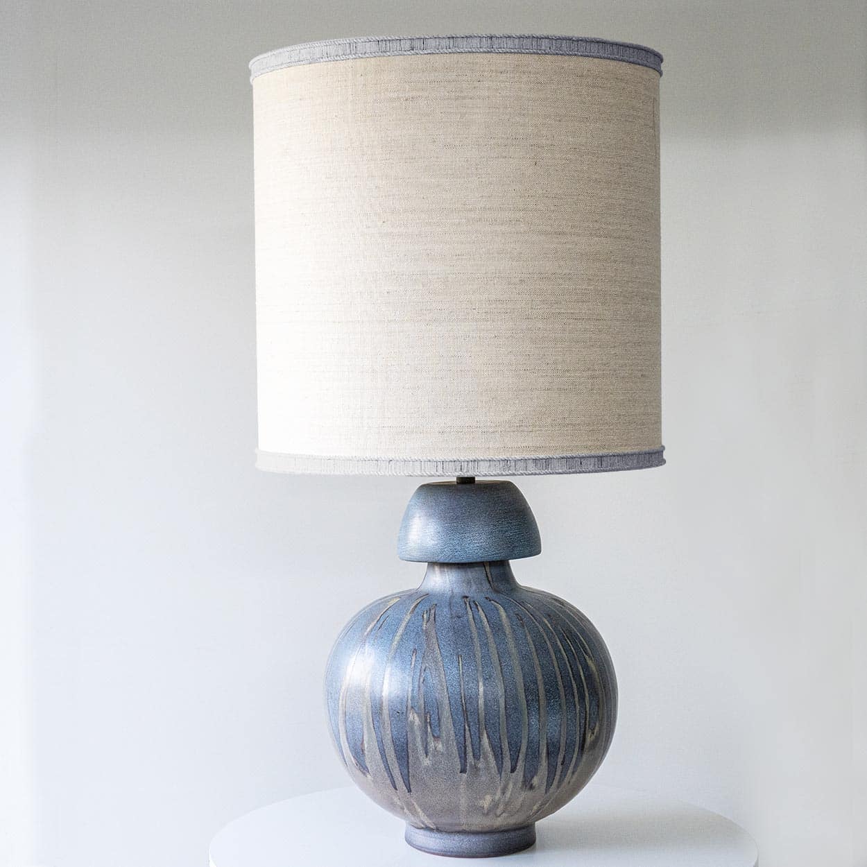 Blue Gray Striped Ceramic Table Lamp, Custom Made Silk Lampshade by R. Houben