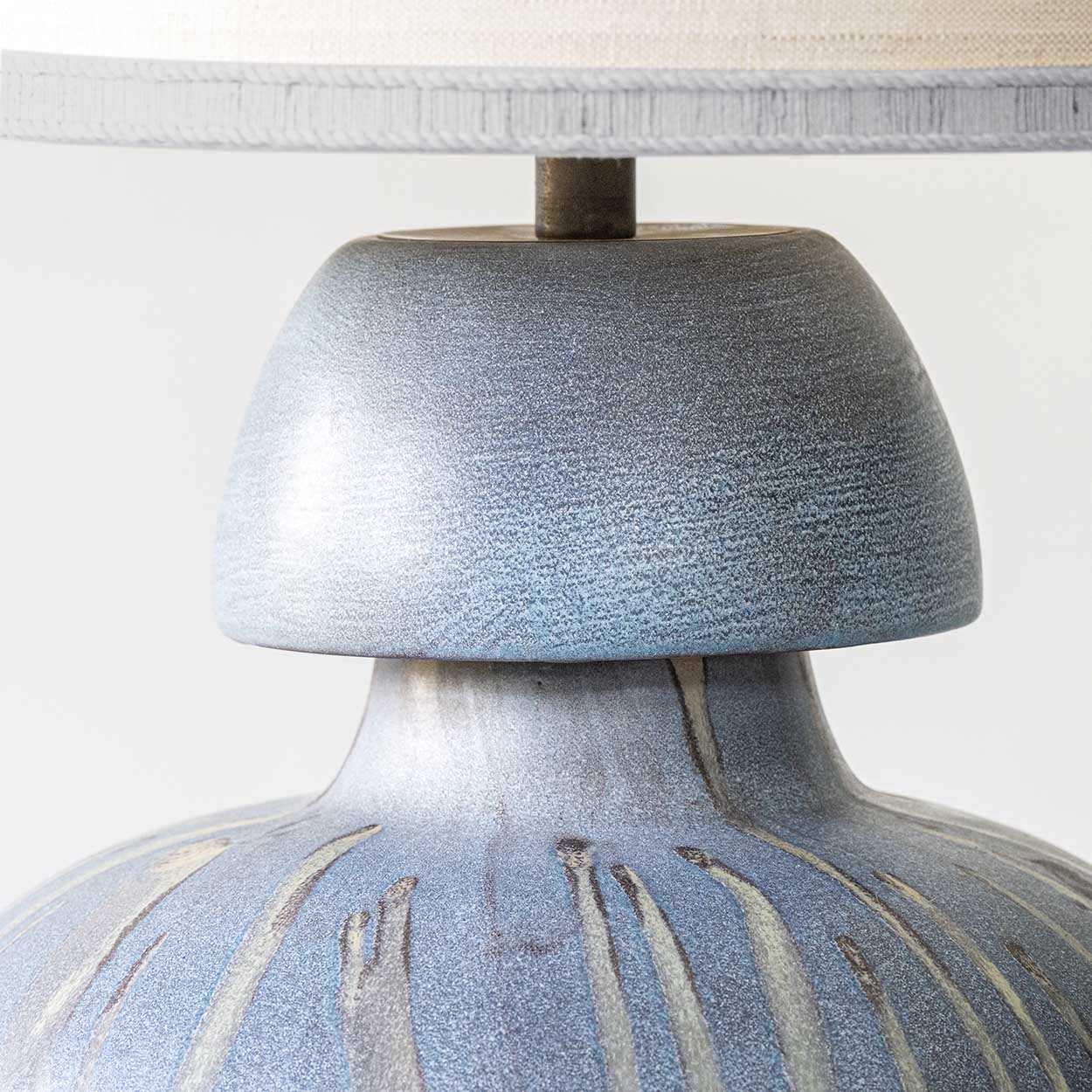 Blue Gray Striped Ceramic Table Lamp, Custom Made Silk Lampshade by R. Houben