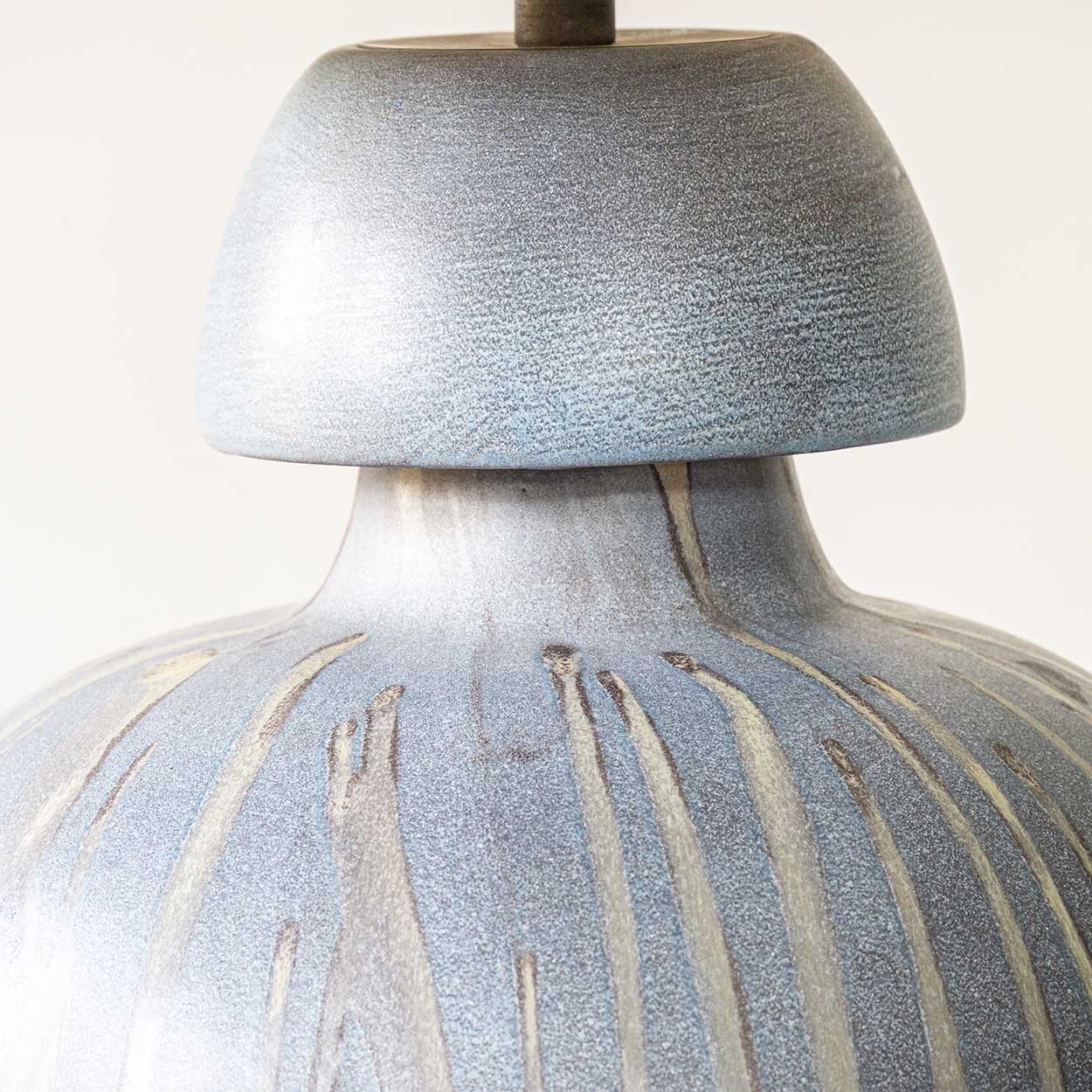 Blue Gray Striped Ceramic Table Lamp, Custom Made Silk Lampshade by R. Houben