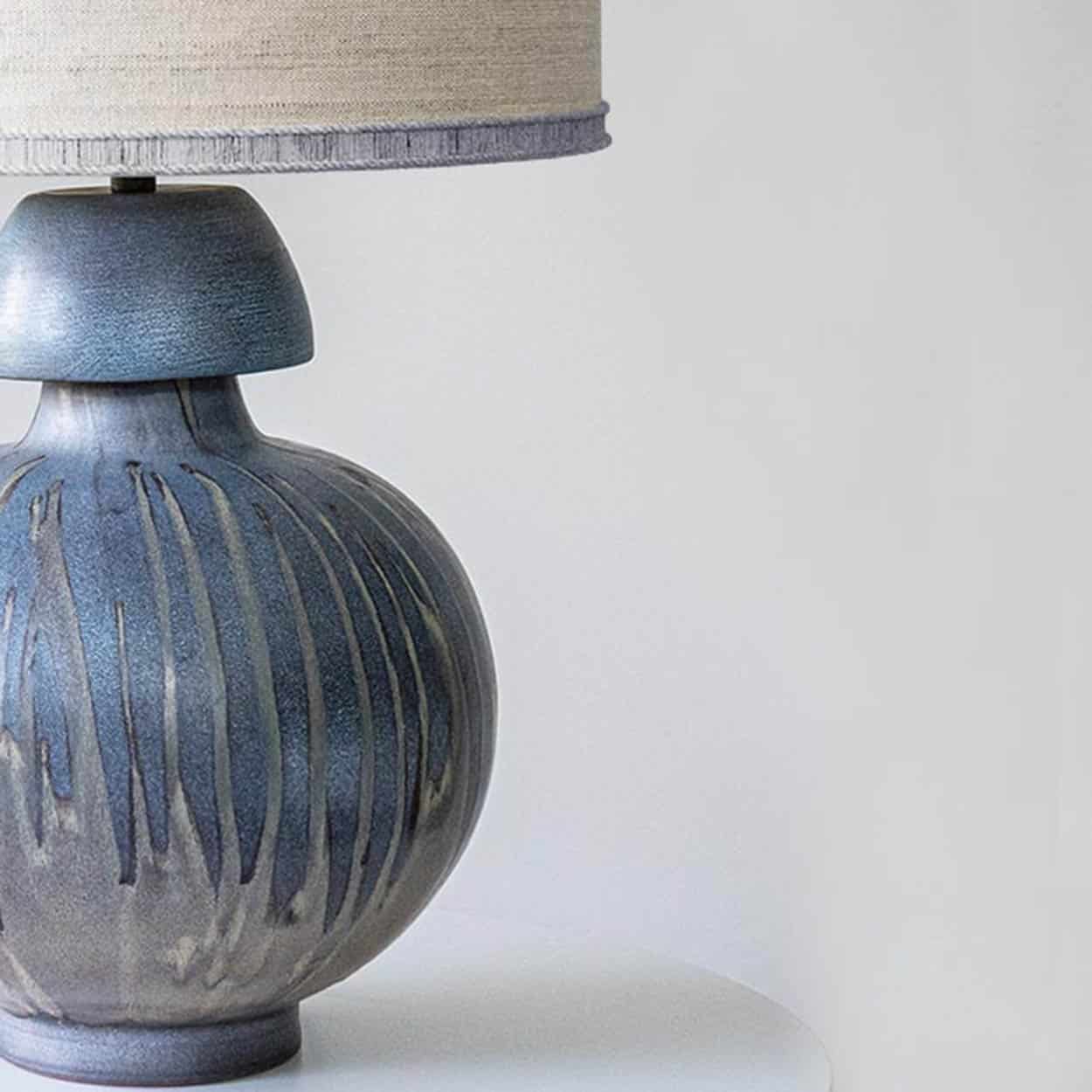 Blue Gray Striped Ceramic Table Lamp, Custom Made Silk Lampshade by R. Houben