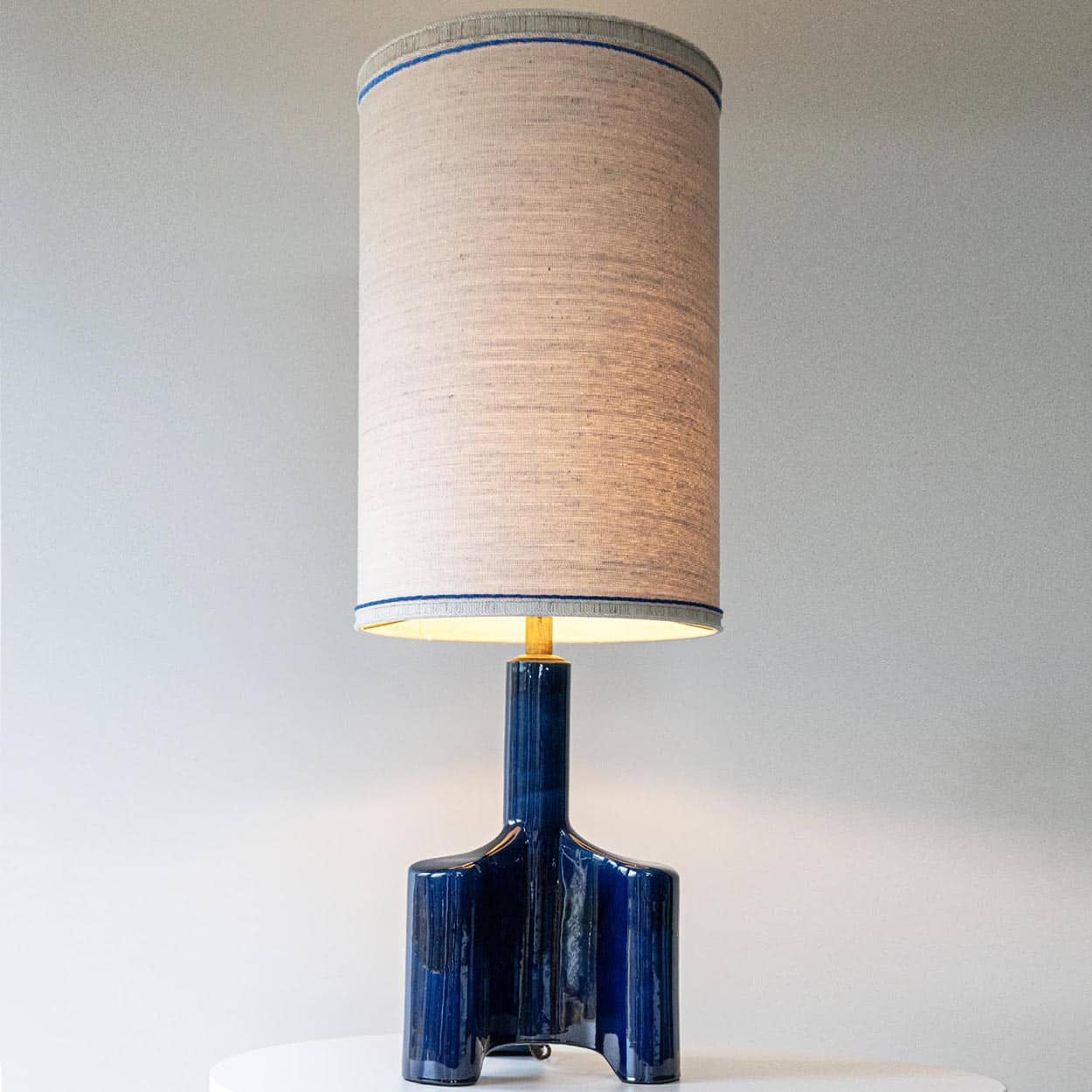 Cobalt Blue Glazed Sculptural Ceramic Lamp, Custom Made Lampshade by R. Houben