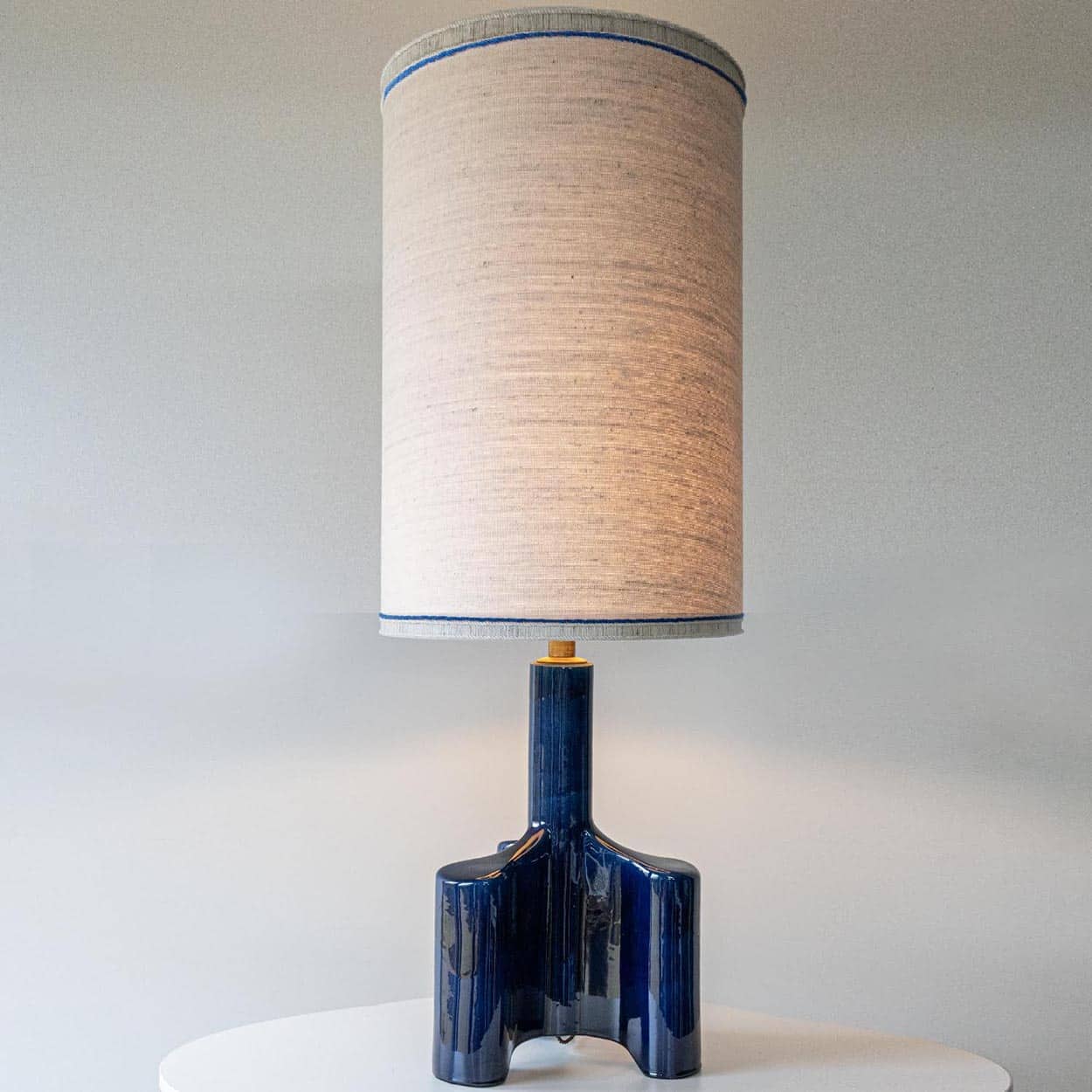 Cobalt Blue Glazed Sculptural Ceramic Lamp, Custom Made Lampshade by R. Houben