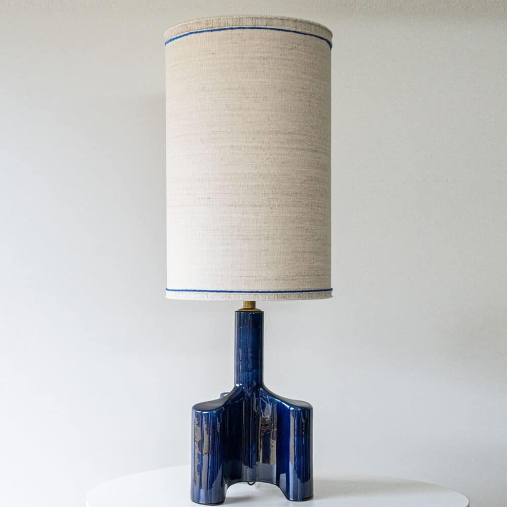 Cobalt Blue Glazed Sculptural Ceramic Lamp, Custom Made Lampshade by R. Houben