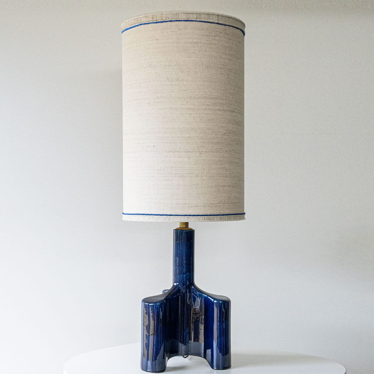 Cobalt Blue Glazed Sculptural Ceramic Lamp, Custom Made Lampshade by R. Houben