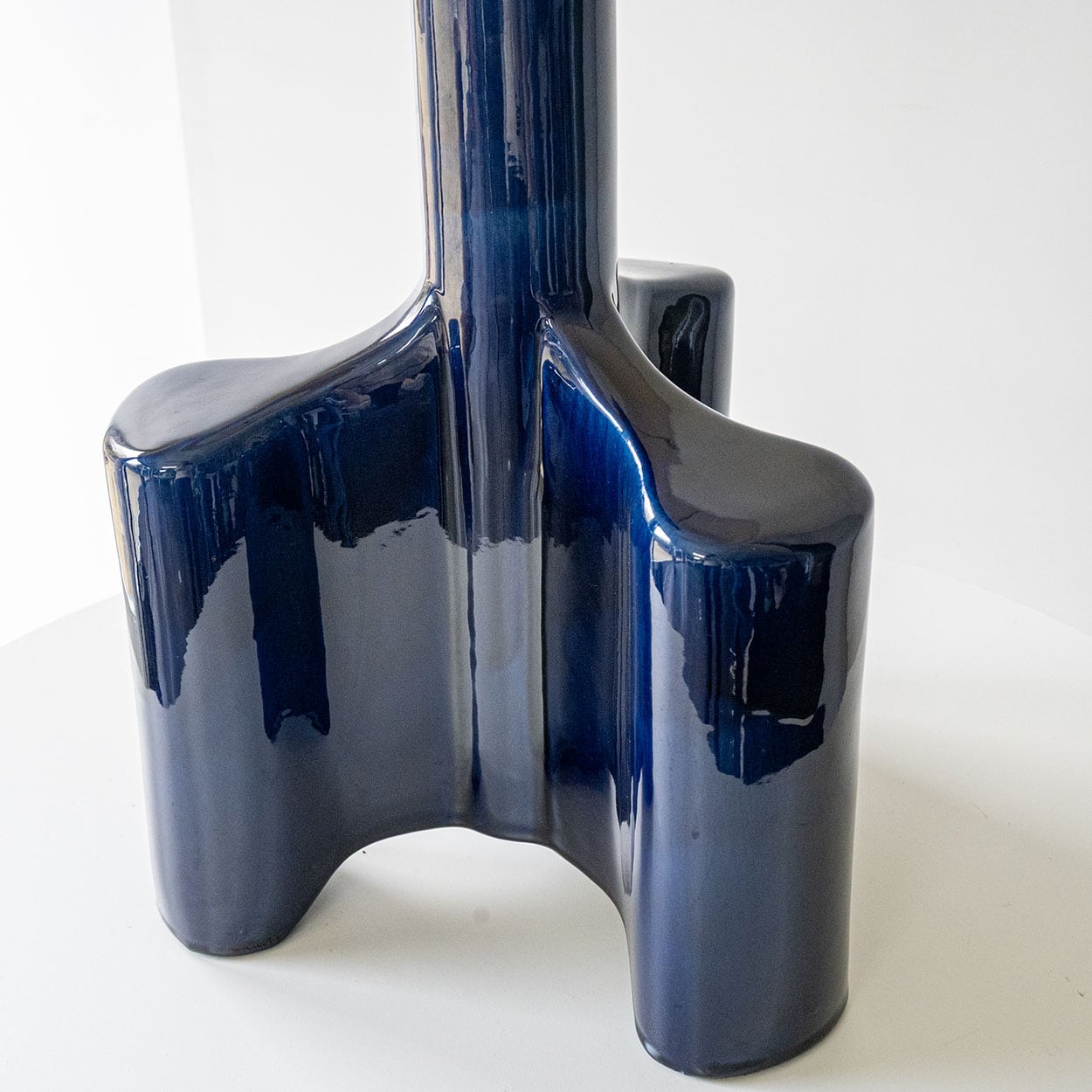 Cobalt Blue Glazed Sculptural Ceramic Lamp, Custom Made Lampshade by R. Houben