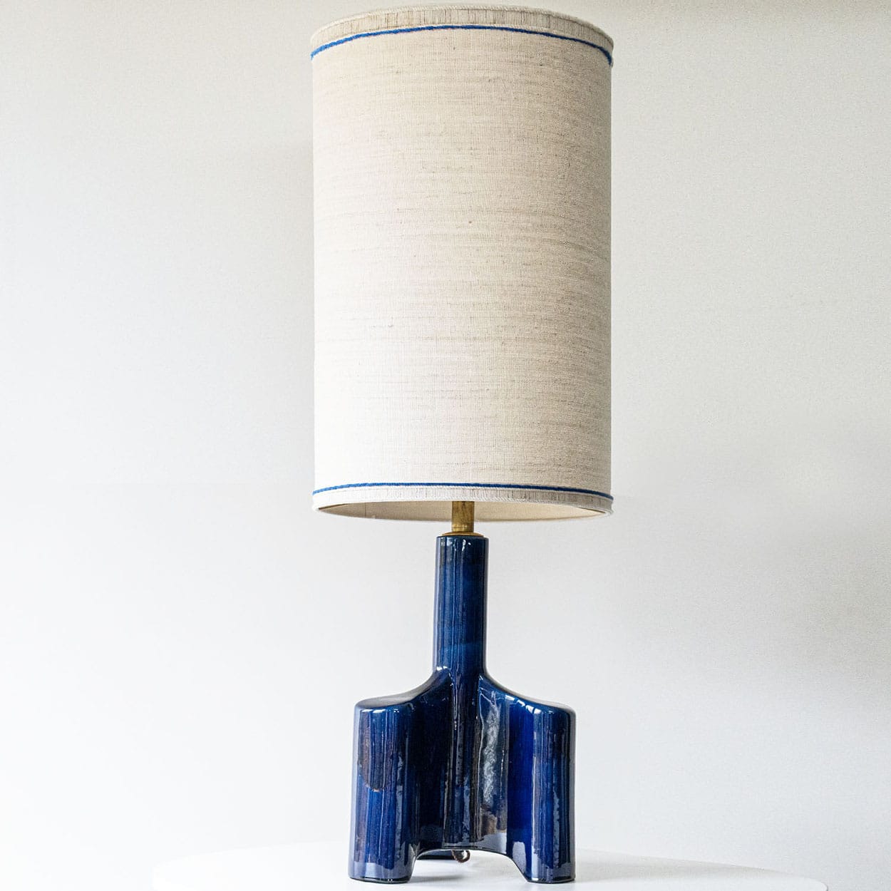 Cobalt Blue Glazed Sculptural Ceramic Lamp, Custom Made Lampshade by R. Houben