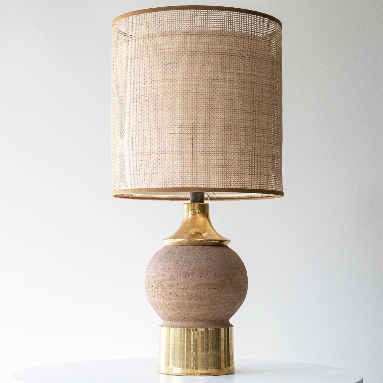 Bitossi Round Stone Gold Lamp, Custom Rattan Double Lampshade by R. Houben