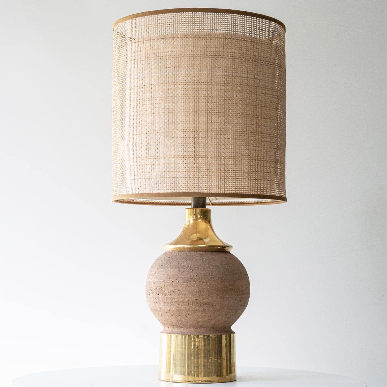 Bitossi Round Stone Gold Lamp, Custom Rattan Double Lampshade by R. Houben