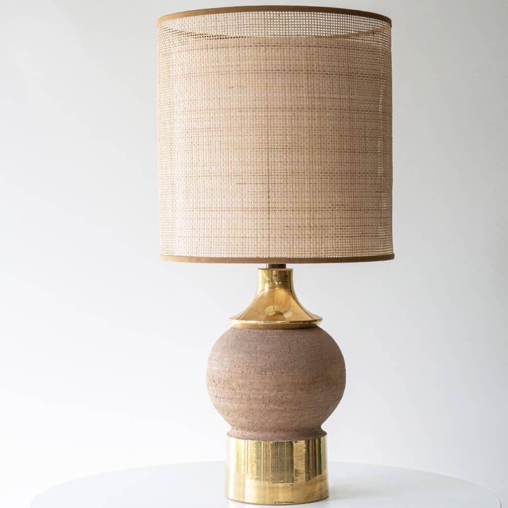 Bitossi Round Stone Gold Lamp, Custom Rattan Double Lampshade by R. Houben
