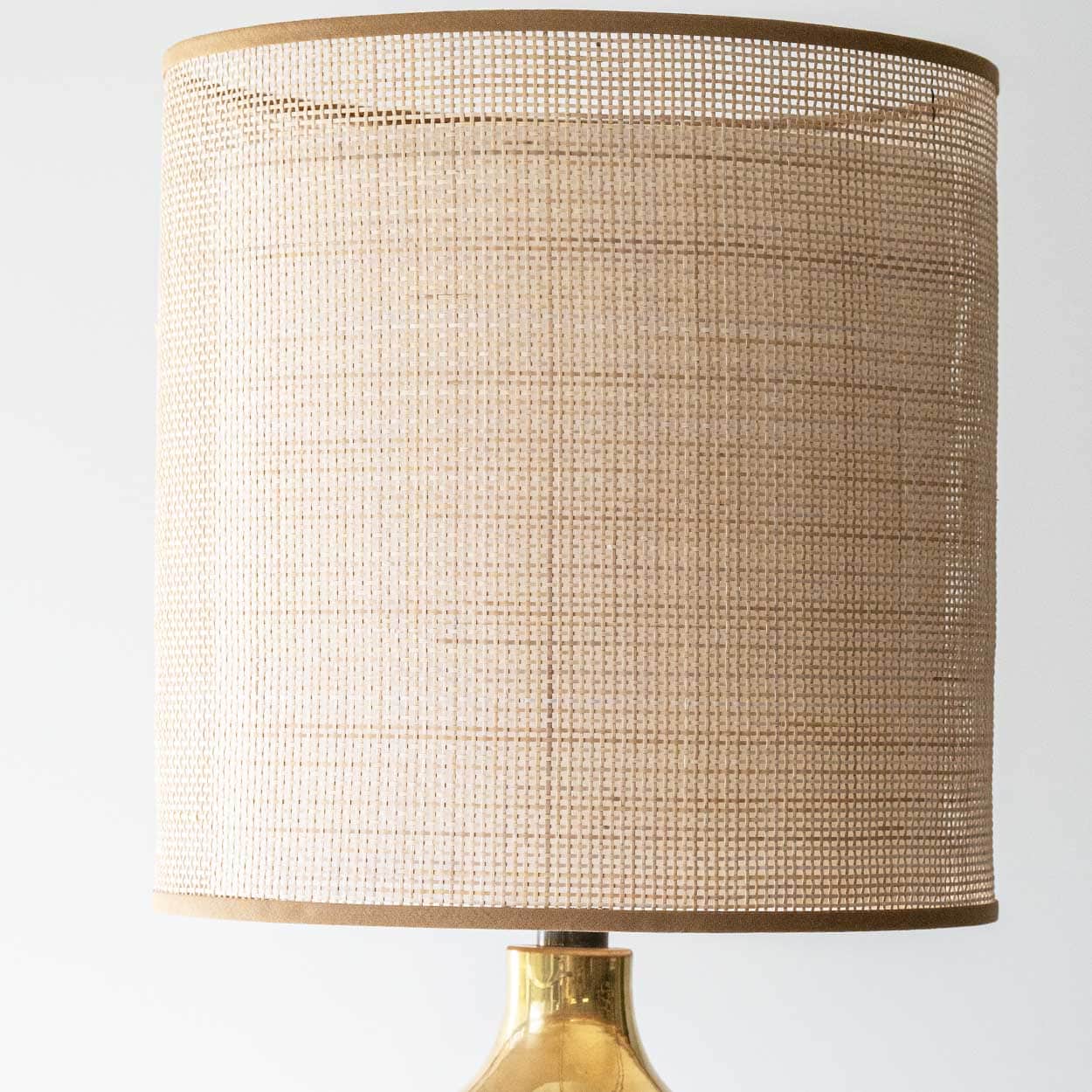 Bitossi Round Stone Gold Lamp, Custom Rattan Double Lampshade by R. Houben